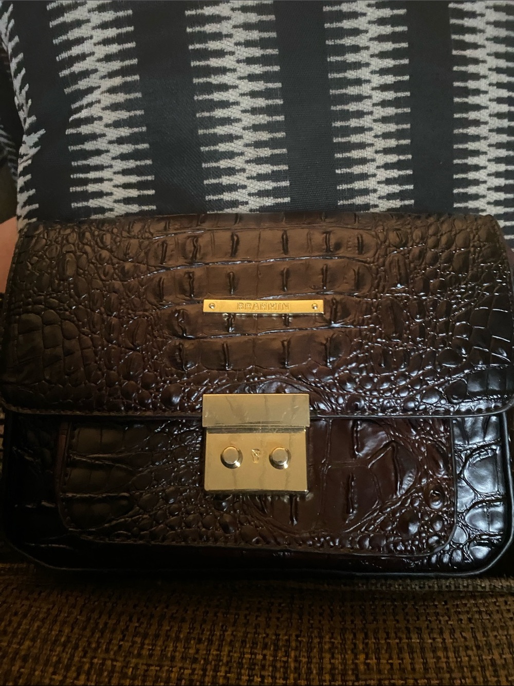 Brahmin Dark Brown Croc-Embossed Crossbody with Gold Hardware